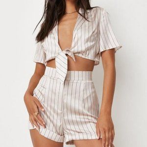 Missguided Petite Stone Satin Stripe Tie Crop Shirt Shorts SZ. 0 NEW